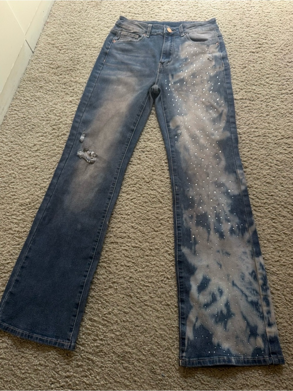 Reworked Rhinestone Artisan Bleached Distressed Wide Leg Jeans OOAK Y2K Boho XS - Picture 14 of 14